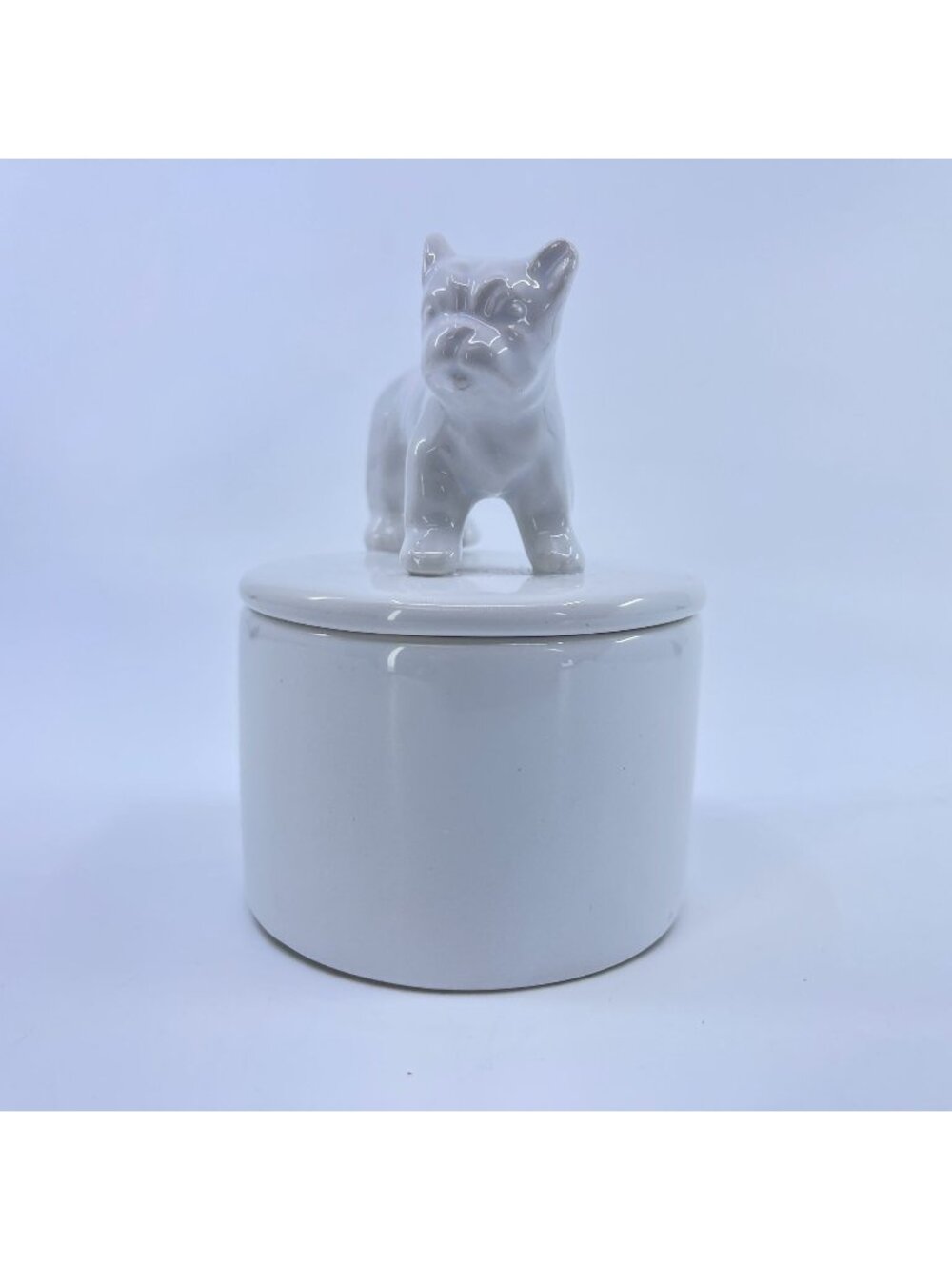 vintage ceramic trinket box featuring french bull dog on lid white porcelain
